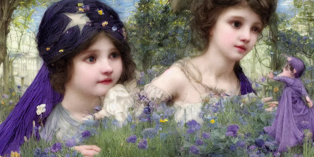 Image similar to 3 d precious moments plush / female hybrid wrapped in a muted purple shroud, sitting in a cemetery at night, under a sea of stars, ebony / periwinkle / slate blue / yellow green color palette, master painter and art style of john william waterhouse and caspar david friedrich and philipp otto runge