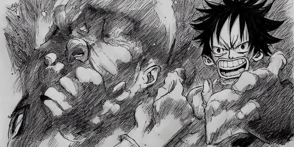 Image similar to [ luffy mustache ] ( by kim jung gi ) ( by kentaro miura )