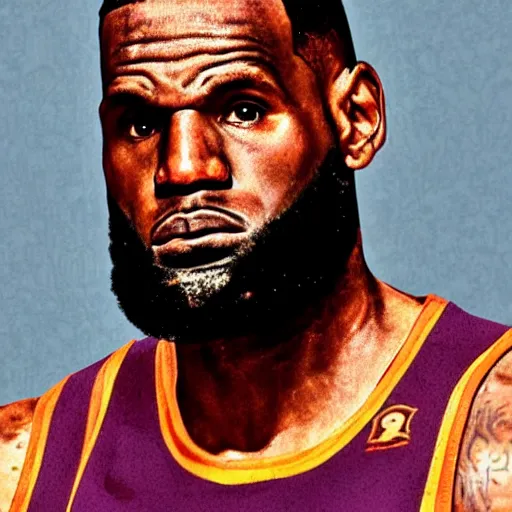 Image similar to a renaissance painting of lebron james, detailed face
