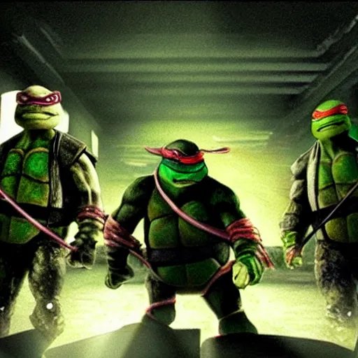 Prompt: tmnt in the matrix, film still