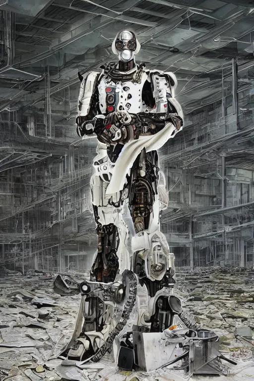 Prompt: cyborg with white and black ancestral ornate japanese tactical gear standing in an abandoned futuristic factory, long shot, by irving penn and storm thorgerson, ren heng, peter elson, alvar aalto, makoto shinkai