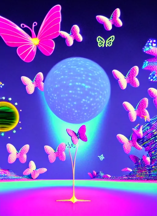 Prompt: 3 d render magica wand, nokia cellphones, nokia wand, against a psychedelic surreal background with 3 d butterflies and 3 d flowers n the style of 1 9 9 0's cg graphics against the cloudy night sky, lsd dream emulator psx, 3 d rendered y 2 k aesthetic by ichiro tanida, 3 do magazine, wide shot