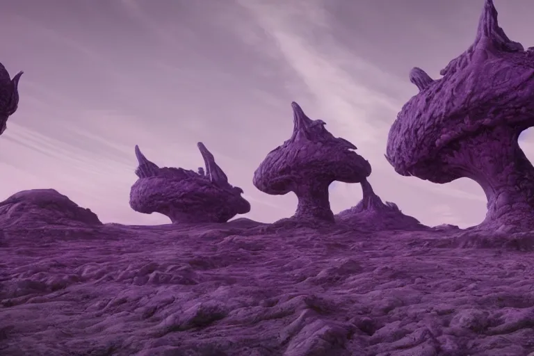 Image similar to a grotesque alien landscape, purple sky and weird alien structures, cinematic, unreal engine 5