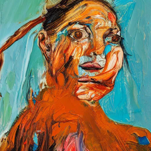 Prompt: high quality high detail expressionist painting of a woman on horseback by lucian freud and jenny saville and francis bacon and nicola samori, hd, anxiety, turquoise and orange