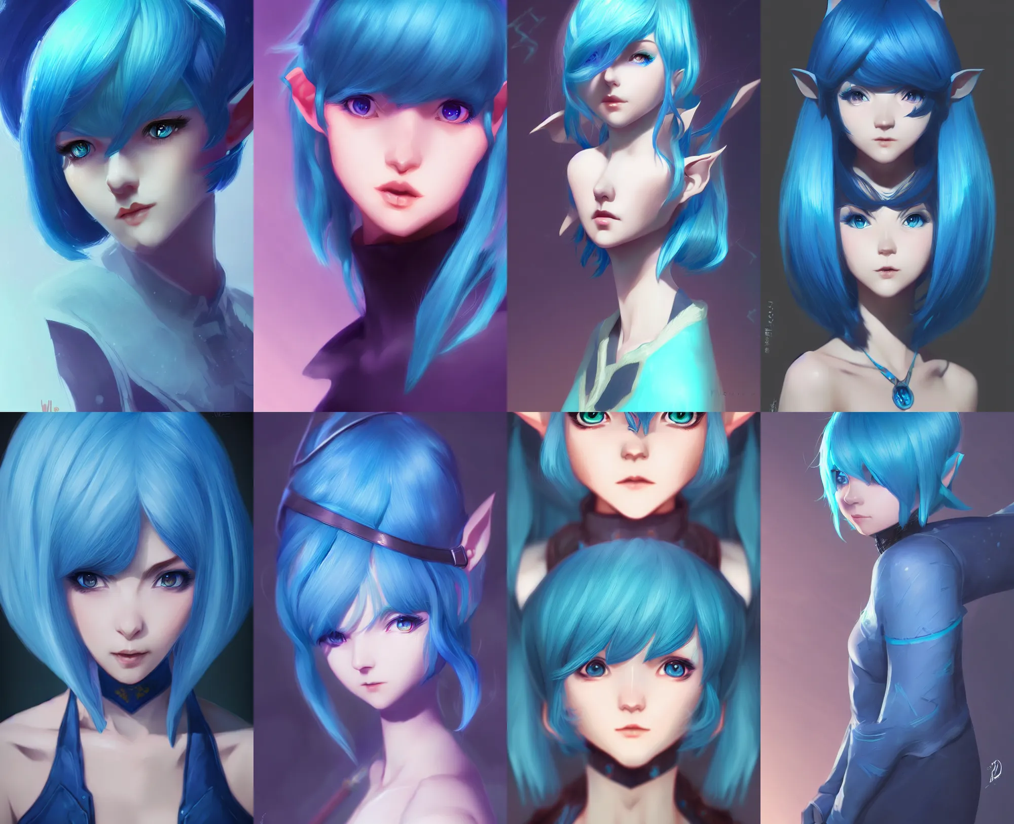 Prompt: league of legends portrait of a blue haired elf girl with a bob haircut by wlop and kuvshinov, digital art, cinematic lighting