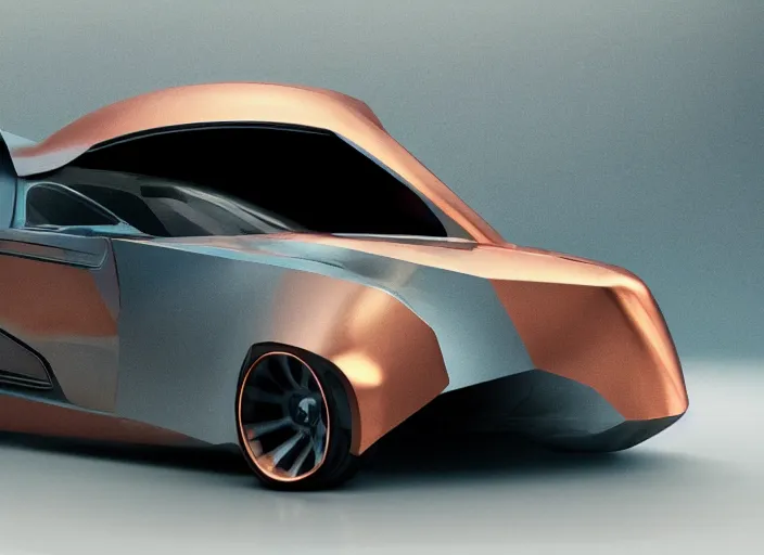 Image similar to an automobile with copper paint, in a studio, futuristic, art style by pablo carpio, car design by vergil exner, big engine and big wheels. full view, blank background.