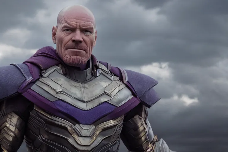 Image similar to promotional image of bald Bryan Cranston as Thanos in Avengers: Endgame (2019), dynamic action shot, movie still frame, promotional image, imax 70 mm footage