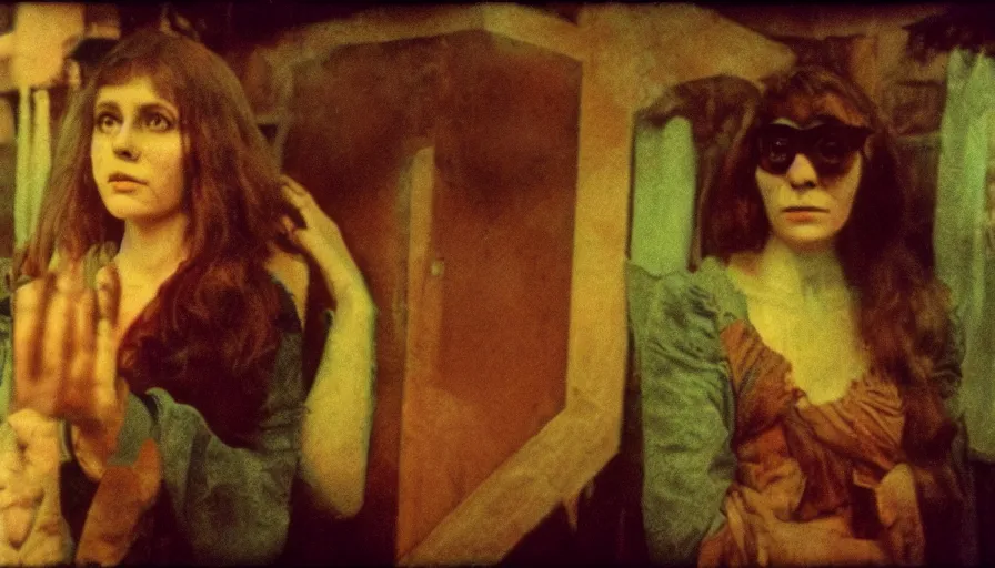 Image similar to 7 0 s film still from a horror movie about alphonse mucha, kodachrome, cinecolor, cinestill, film grain, film texture, retro, cinematic, high resolution, photorealism,