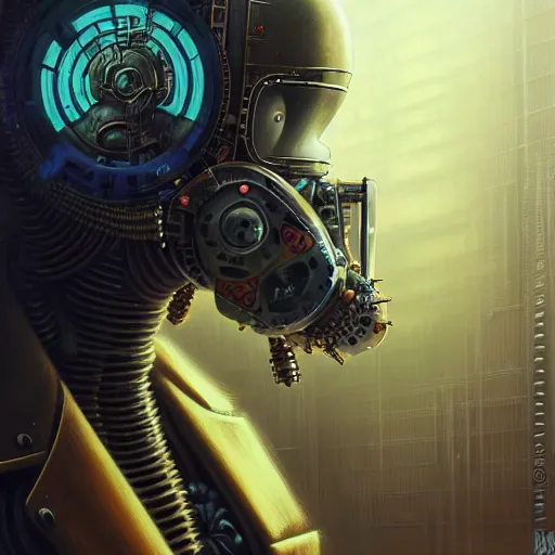 Image similar to low angle shot of a cyberpunk gazmask robot character in chernobyl, intricate, elegant, highly detailed, centered, digital painting, artstation, concept art, smooth, sharp focus, illustration, artgerm, Tomasz Alen Kopera, Peter Mohrbacher, donato giancola, Joseph Christian Leyendecker, WLOP, Boris Vallejo