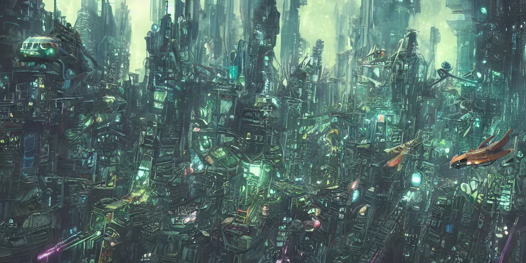 Prompt: future city covered by forest creature, flying, culture, smooth, crash, war, battle, cyberpunk, monster, gravity mess, by studio ghibli