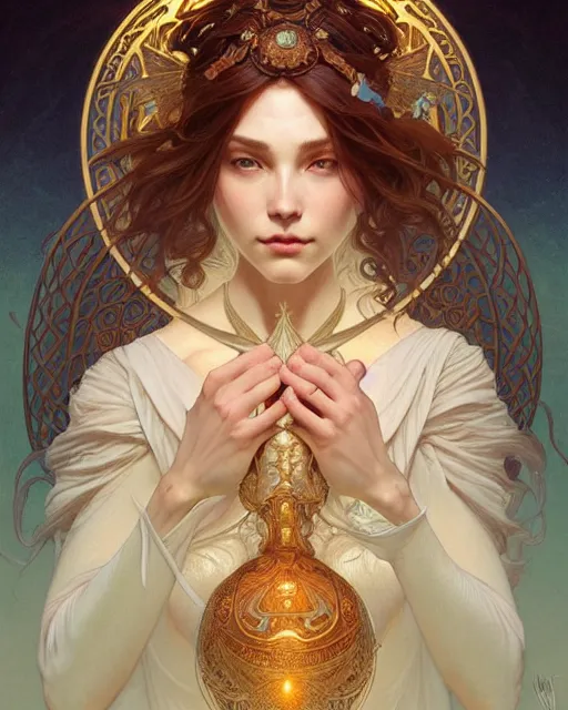 Image similar to portrait of a transcendental creature, d & d, fantasy, intricate, elegant, highly detailed, digital painting, artstation, concept art, smooth, sharp focus, illustration, art by artgerm and greg rutkowski and alphonse mucha, new art nouveau