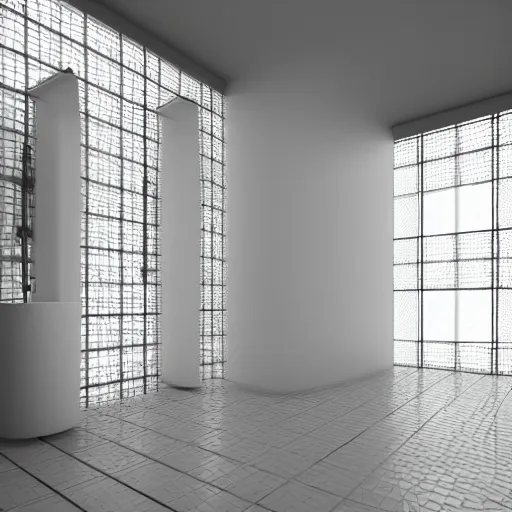 Image similar to a polygonal mesh render of a urinal, on a pedestal in a vast white room, courtesy of Centre Pompidou, archival pigment print