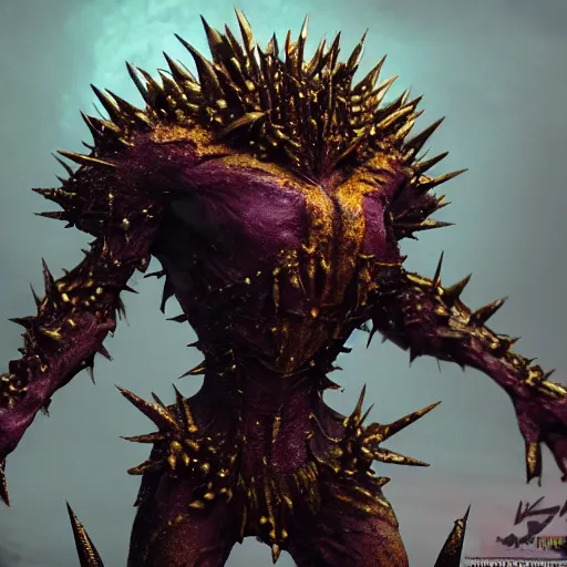 Prompt: ugly monster, spikes on the body, skin spikes, purple skin, skinny, gold armor, battleground background, battlefield, concept art, artstation, award winning, high detailed, 4k, 8k, hd textures, octane render, intricate details, volumetric lighting, realistic, hyperdetailed