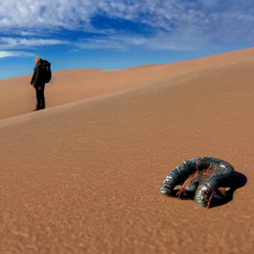 Image similar to star wars fan in the Dune desert next to earthworm in stile of Aivazovsky