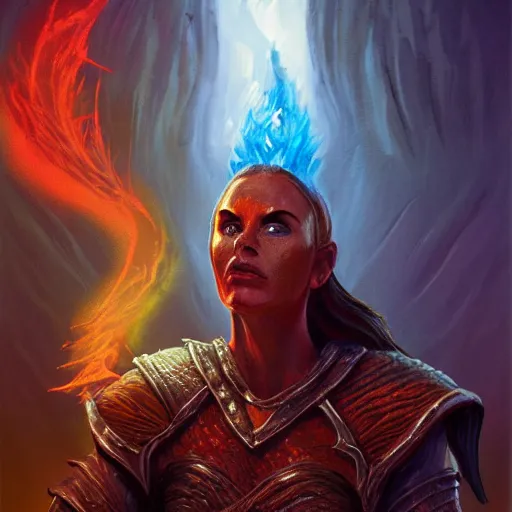 Image similar to bright, colorful, realistic, detailed from Elder Scrolls: shivering isles concept portrait Flame atronach backlighting, kodachrome, high contrast, highly detailed, sharp focus, digital painting, concept art, illustration, trending on artstation, comic book by Alex Ross and Adam Adamowicz cover art
