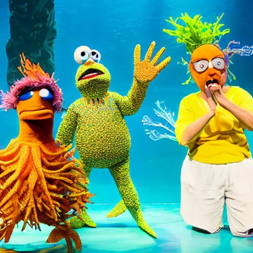 Image similar to a cast of aquatic puppets based on real fish and aiming to bring awareness to ocean and oil pollution, in the style of muppets, in an aquarium, lighting and character design from spongebob the musical on broadway, real, photograph, cinematic