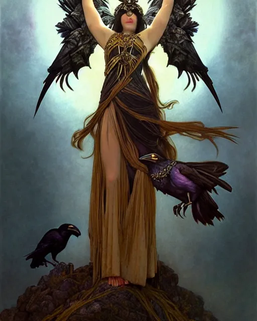 Prompt: goddess of ravens, unusual beauty, emotionally evoking symbolic metaphors, head in focus, fantasy, ornamental, intricate, elegant, sensual, highly detailed digital painting, artstation, concept art, painterly, golden ratio, sharp focus, illustration, art by John Collier and Krenz Cushart and Artem Demura and Rafael and Alphonse Mucha and Albert Aublet