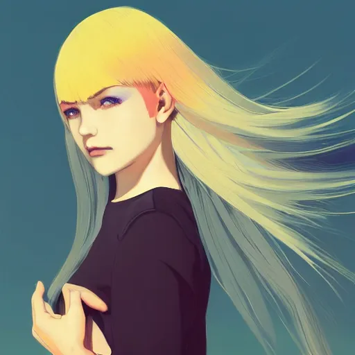 Image similar to ilya kuvshinov with long sky blue hair, gold eyes, amber eyes, boy face, professional digital painting, concept art, award - winning photography, cinematic, wlop, color block, pop, hip, art by andy warhol, pixiv art, yoshitaka amano