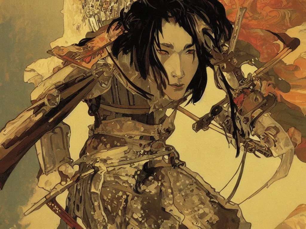 Image similar to close up of a samurai in full armor, by fiona staples, alphonse mucha, greg manchess