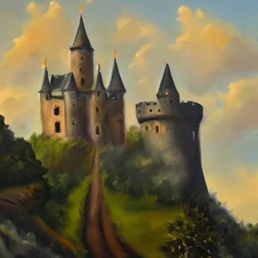 Prompt: an oil painting of a castle with a peaceful sky
