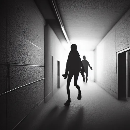 Image similar to woman running down hallway, wearing black beanie and black bomber jacket, holding shotgun, in an underground lab, MC Escher style architecture, sterile, unknown location, light and shadows, fire, bullet shells flying, 4k, cinematic, unreal engine