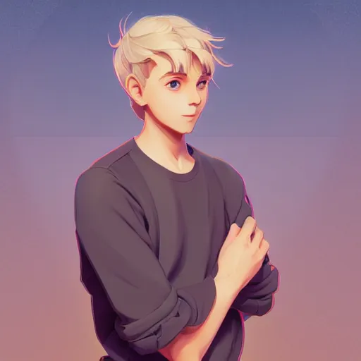 Image similar to young man with short, ash blond greyish hair, light brown eyes, casual clothes, path traced, highly detailed, high quality, digital painting, by don bluth and ross tran and studio ghibli and alphonse mucha, sylvain sarrailh