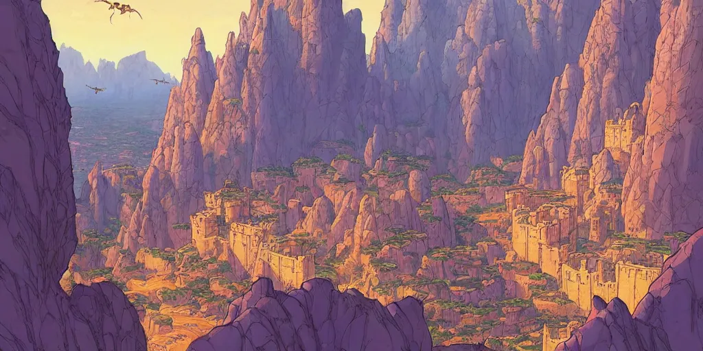 Image similar to an african city in a valley bordered by a fortress on the mountain side with three towers, multicolored spirits flying in the skies, comics art, cinematic volume lighting, 4k, illustration, epic scene, trending on artstation, art by ghibli moebius