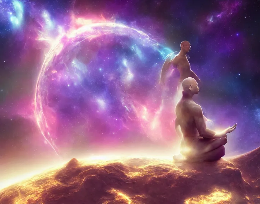 Image similar to energized meditating half visible monk in space, nebula, stars, realistic, beautiful texture, beautiful graphics, fantasy artwork, very beautiful scenery, hd, hdr, ue 5, ue 6, unreal engine 5, cinematic 4 k wallpaper, 8 k, ultra detailed