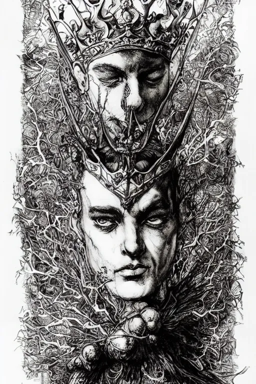 Image similar to portrait The King of Fools, With a Jesters crown, Wings lift him up, Roots hold him down, pen and ink, intricate line drawings, by Yoshitaka Amano, Ruan Jia, Kentaro Miura, Artgerm, watercolor