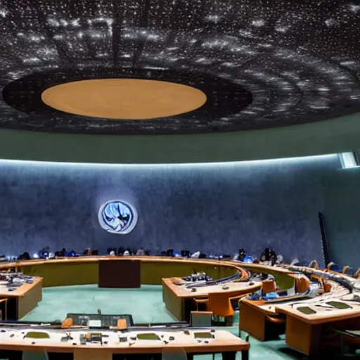 Prompt: sci fi fictional united nations negotiating chamber, no people, 8 k photorealistic