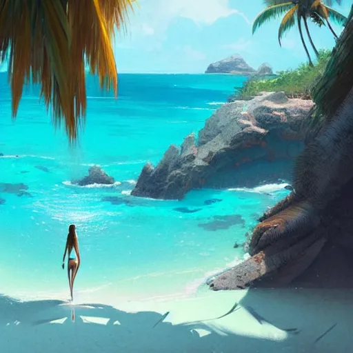 Image similar to the most beautiful woman in the world in a bikini on a paradise island with turquoise waters, greg rutkowski, masterpiece, sharp focus, illustration, highly detailed, digital painting, concept art, matte