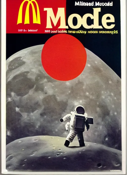 Image similar to 1 9 6 8 life magazine cover art, the subject is a mcdonald ’ s on the moon, grainy, photography, photorealistic, magazine cover, dramatic