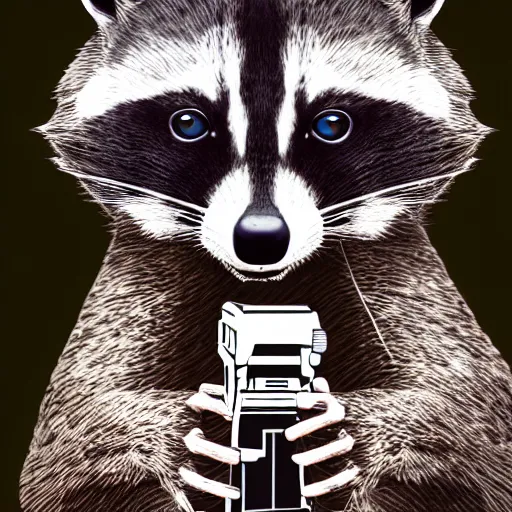 Image similar to racoon holding a laser gun, digital art , centred award winning 4K