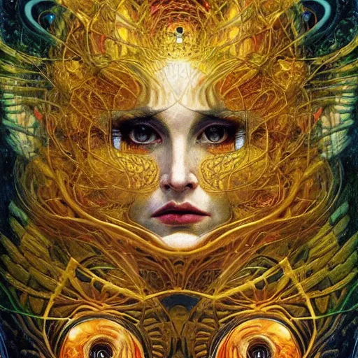 Image similar to Divine Chaos Engine by Karol Bak, Jean Deville, Gustav Klimt, and Vincent Van Gogh, beautiful visionary mystical portrait, sacred, otherworldly, fractal structures, ornate gilded medieval icon, third eye, spirals