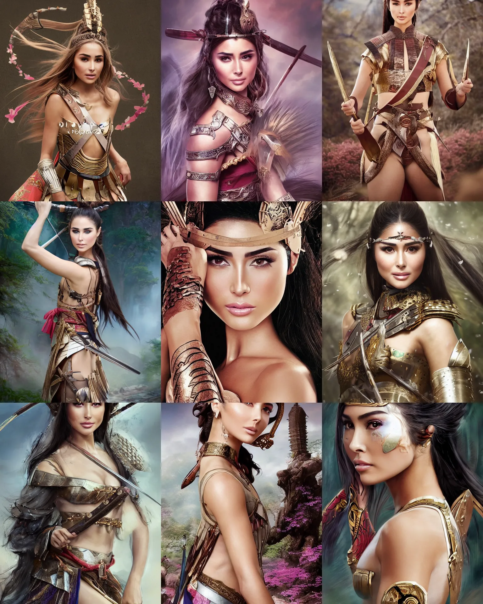 Prompt: Olivia Culpo as a warrior princess in feudal japan, background: battle scene, clear makeup, clean hair, dry skin, clear skin, airbrushed, bright eye makeup, warrior body, photo by mario testino, Stanley Artgerm Lau, Rossdraws, christophe young, Siwoo Kim, MIhail Spil-Haufter, carlos ortega elizalde, 8k octane render, cinematic, hyper detailed, micro details, insanely detailed, trending on artstation, concept art, Peter Paul Rubens and Peter Mohrbacher style