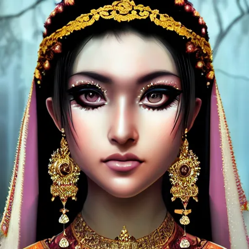 Prompt: ilyana vyulnika as a young asian bride in the dark, heavy makeup, crying eyes, tears, leaked mascara, lipgloss, portrait, closeup, cute freckles, gloss effects, and exaggerated proportions, intricate jewelry, after rain, digital art by julia razumova and mel milton, trending on artstation, 4 k high quality