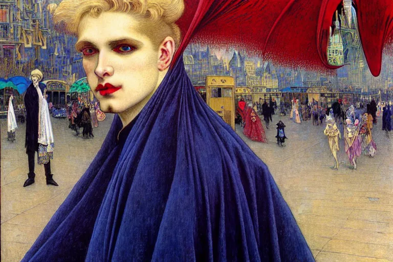 Image similar to realistic extremely detailed closeup portrait painting of an elegant blond male vampire in a cape, detailed crowded city street on background by Jean Delville, Amano, Yves Tanguy, Ilya Repin, Alphonse Mucha, William Holman Hunt, Ernst Haeckel, Edward Robert Hughes, Roger Dean, rich moody colours