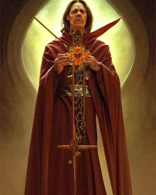 Image similar to realistic portrait of a nasty bishop, cross, evil, heroic pose, beautiful face, bible, full body, dramatic lighting, intricate, wild, highly detailed, digital painting, artstation, concept art, smooth, sharp focus, illustration, art by artgerm and greg rutkowski and alphonse mucha, footage from space camera