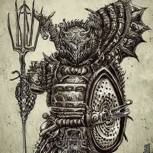 Prompt: intricate detailed burger armor warrior with huge fork weapon, dark fantasy art by kentaro miura