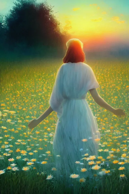 Image similar to white daisy flowers as head veil, girl walking in a flower field, surreal photography, sunrise, dramatic light, impressionist painting, colorful clouds, digital painting, artstation, simon stalenhag