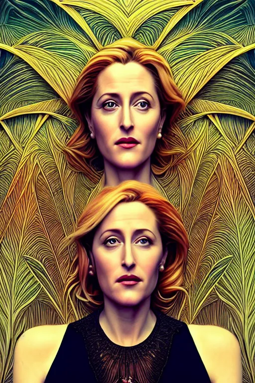 Image similar to young gillian anderson portrait, art deco, fantasy, intricate art deco leaf designs, elegant, highly detailed fractals, sharp focus, art by artgerm and beeple and greg rutkowski and wlop