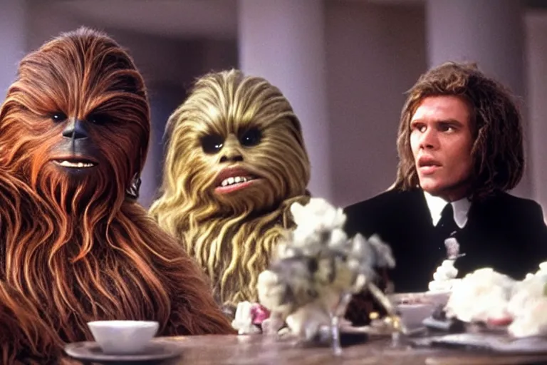 Prompt: A high quality movie still from the film Four Weddings and a Funeral, starring Chewbacca