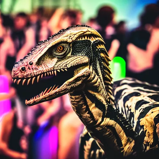 Image similar to professional photo of a velociraptor at a rave