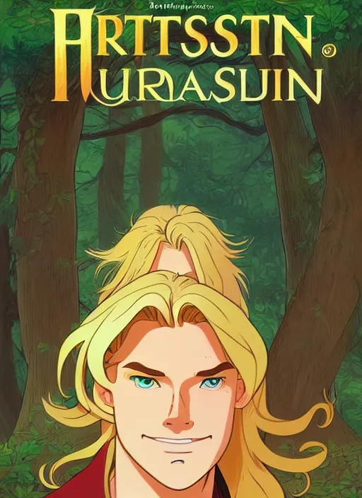 Image similar to book cover design, pretty young man with long golden blond hair in a forest, natural lighting, path traced, highly detailed, high quality, cartoon, digital painting, by don bluth and ross tran and studio ghibli and alphonse mucha