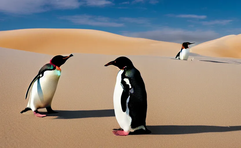 Image similar to penguins in sand dunes, photography