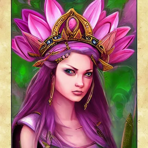 Prompt: pink lotus flower warrior queen wearing pink floral lotus crown, hearthstone art style, epic fantasy style art, fantasy epic digital art, epic fantasy card game art