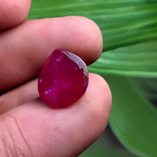 Image similar to a polished cut ruby gemstone growing from a plant