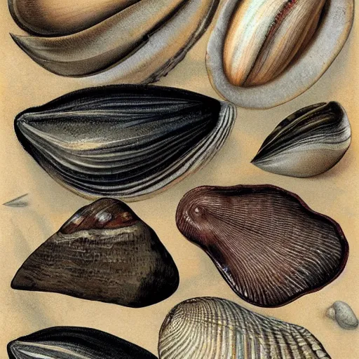 Prompt: bivalve, sea shell, mystery of the deep, quahogs. greg rutkowski, gustavo dore, national geographic, spiral, mollusc.