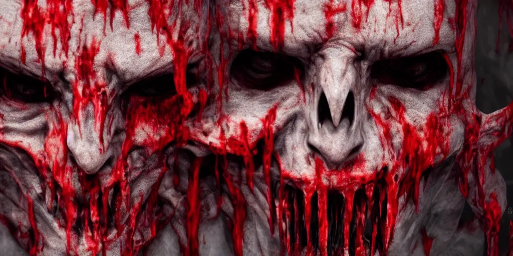 Image similar to evil demoniac face and shoulder, blood, intricate, creepy, processing, 8 k, very high resolution, extremely hyperdetailed