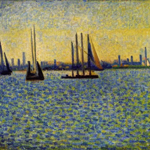 Image similar to vlaardingen harbor, oil painting by seurat, monet, modigliani, renoir